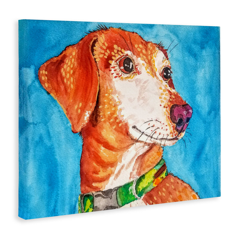 Chien orange audacieux sur toile bleue, design par Tatiana Roberts, H 16 po x l 20 po