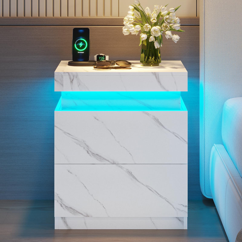 Modern Nightstand With 2 Storage Drawers,Sliding Top,Led Night Stand For Bedroom,End Table With Charging Station And Led Lights
