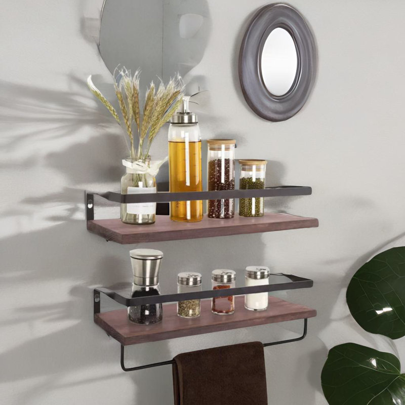 Allonah Industrial 2PC Tier Wooden Floating Shelves with Hanging Rail