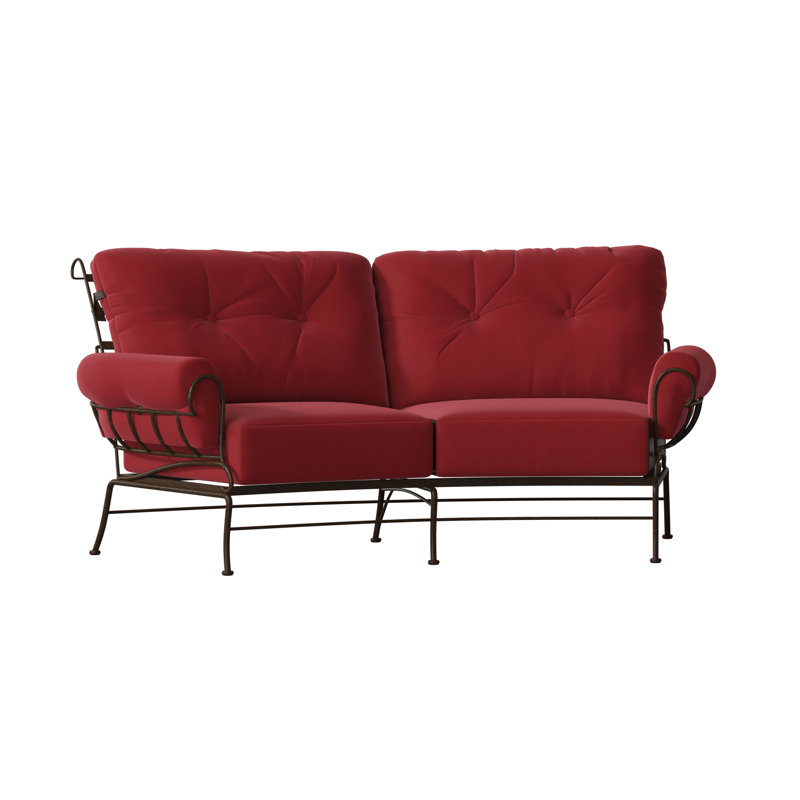 Terrace 82.5'' Wide Iron Loveseat with Cushions, Chestnut Brown, Denver Scarlett Sunbrella®