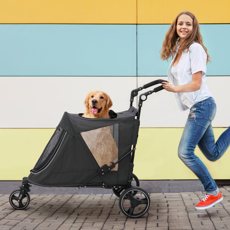 Folding 3 Wheel Pet Stroller, Foldable Dog Jogger Stroller with Adjustable Handlebar and Mesh Window, Black