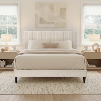 Dove Upholstered Queen Platform, Tufted Channel Headboard, Mid-century Bedroom Furniture, No Box Spring Required, Bed Frame Wood Slats, Modern Soft Boucle, 64.25" X 84.5" X 45"