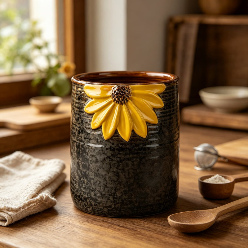 Porte-ustensiles en céramique avec relief en tournesol pour comptoir de cuisine, décor de vase de fleurs de ferme, glacis réactif, base en liège antidérapant, pot à usages multiples
