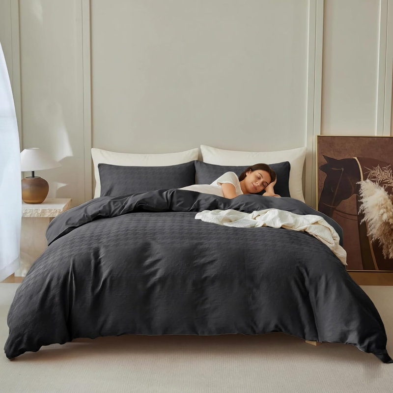 100% Cotton Houndstooth Waffle Weave Duvet Cover Set, Queen, Charcoal Grey