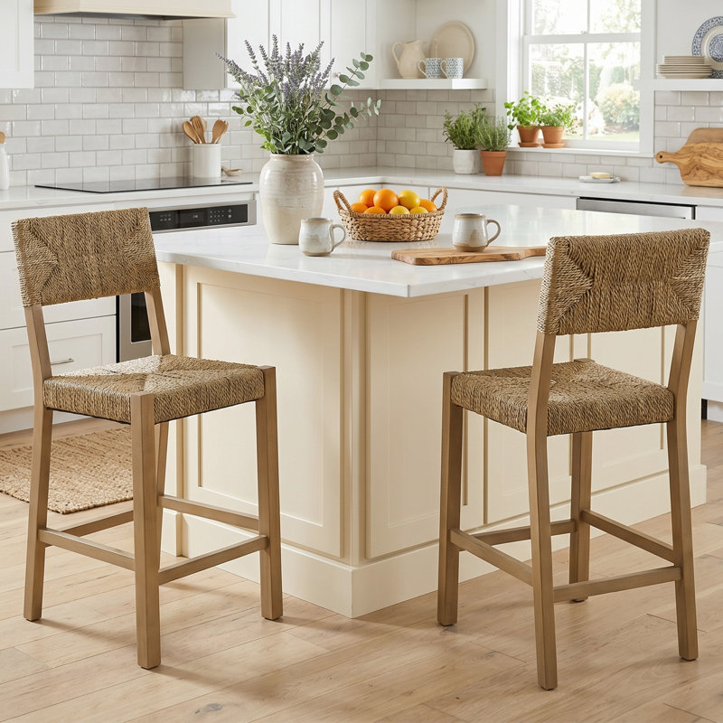 Cledia 21" Wide Rustic Farmhouse Style Solid Wood Ratten Seat Counter Stool