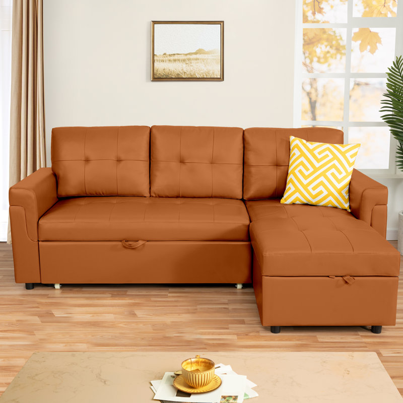 Rahjan L-Shaped Sectional Sleeper Sofa – Reversible Couch with Storage, Caramel Faux Leather