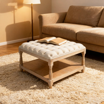 Grandes tables basses 33 "carrées avec repose-pieds pour salon, repose-pieds capitonné en lin avec étagère de rangement et pieds solides pour la chambre de bureau