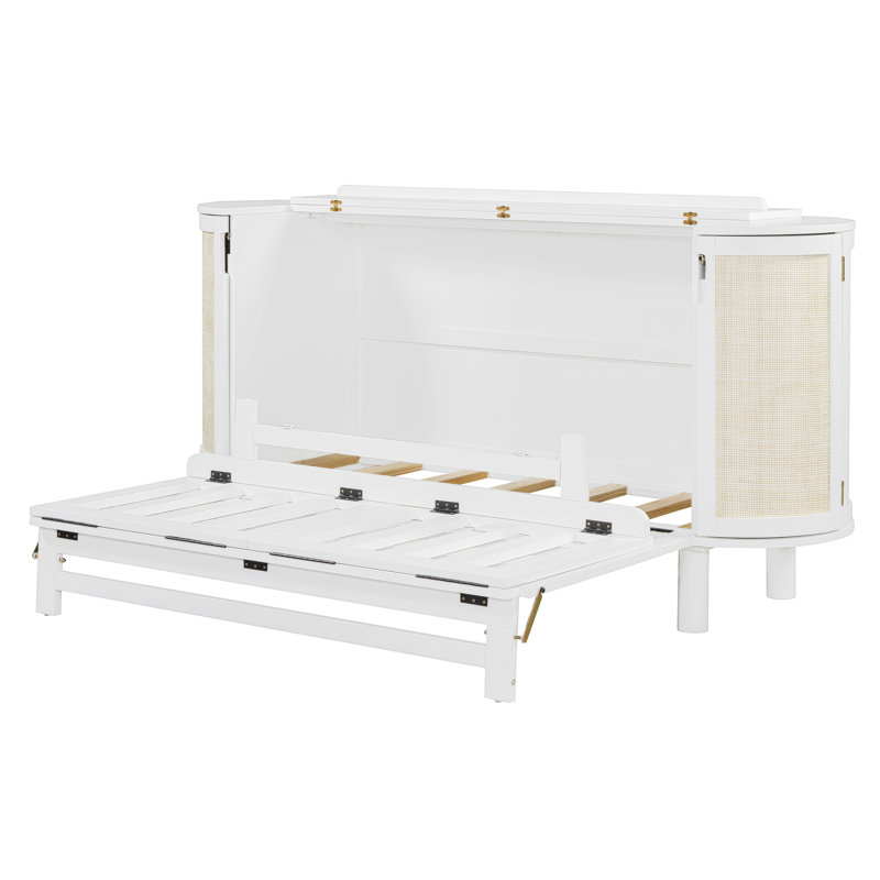 Murphy Bed with Hidden Storage and Woven Front Panel, Foldable Wall Bed, White, Queen