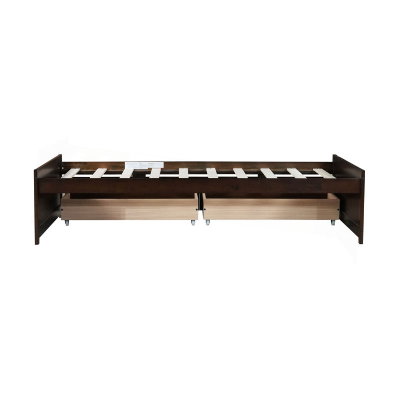 Lit Jenette avec 2 tiroirs, lit en bois d'hévéa massif, Espresso