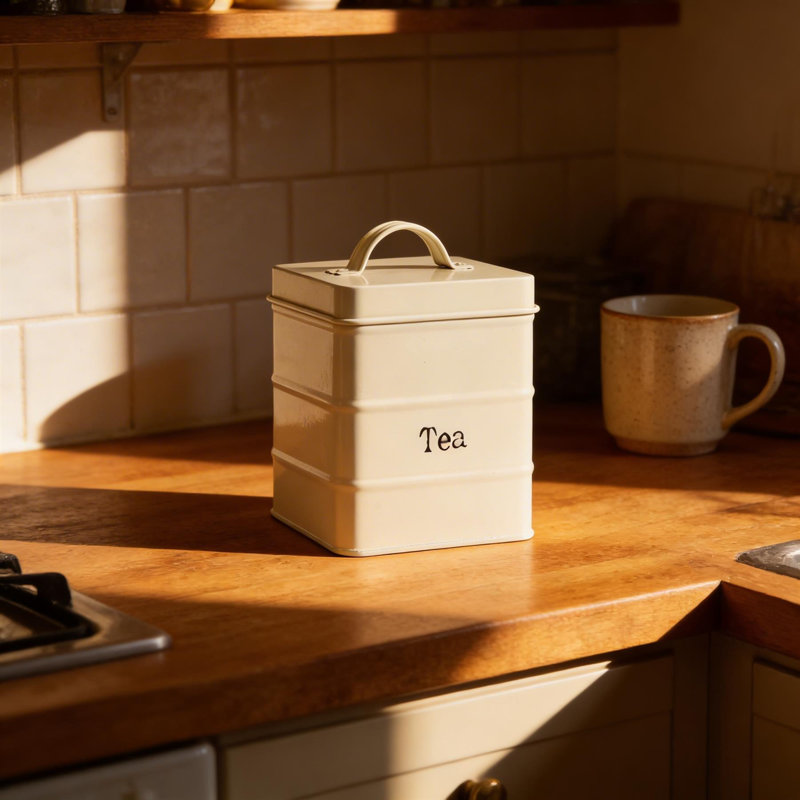Vintage Metal Kitchen Tea Canister, 17cm H x 12cm W x 12cm D, White