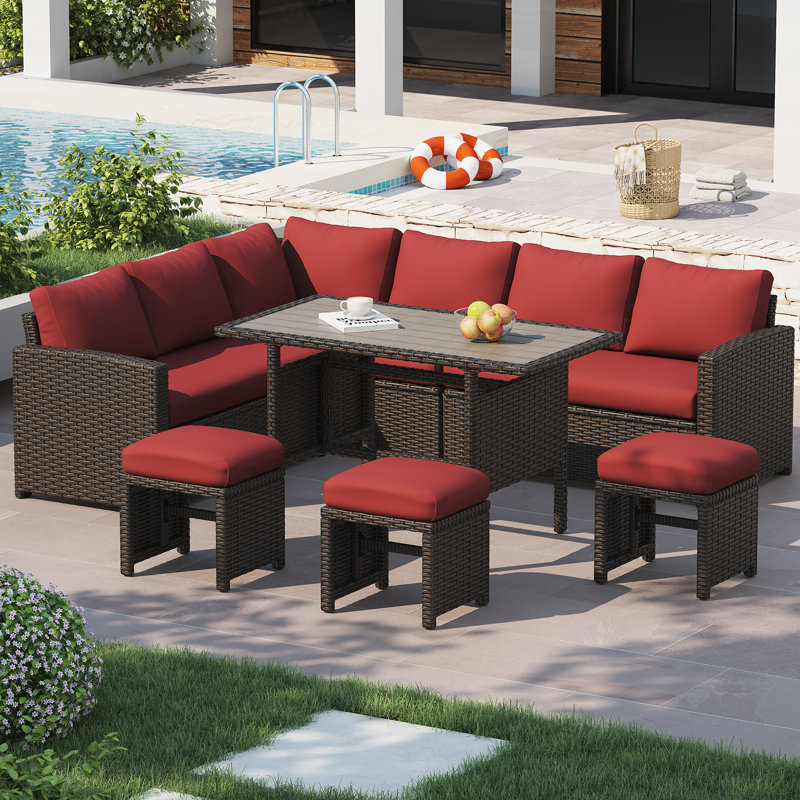 Ensemble de meubles de patio 7 pièces avec foyer 43 po, Wine Red Cushion/Brown Frame