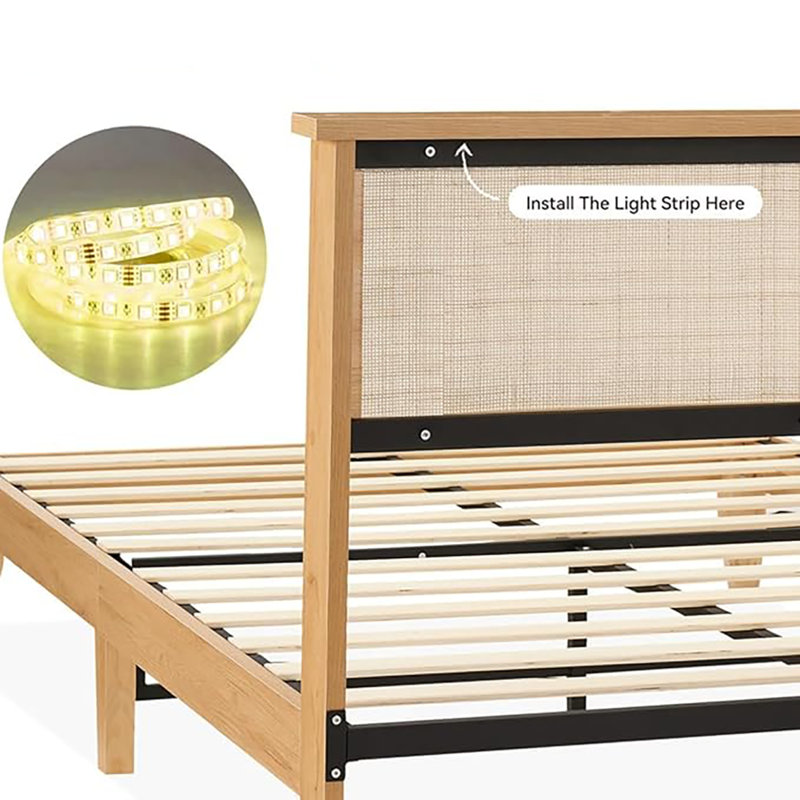 Platform Bed Frame With Natural Rattan Headboard, Full