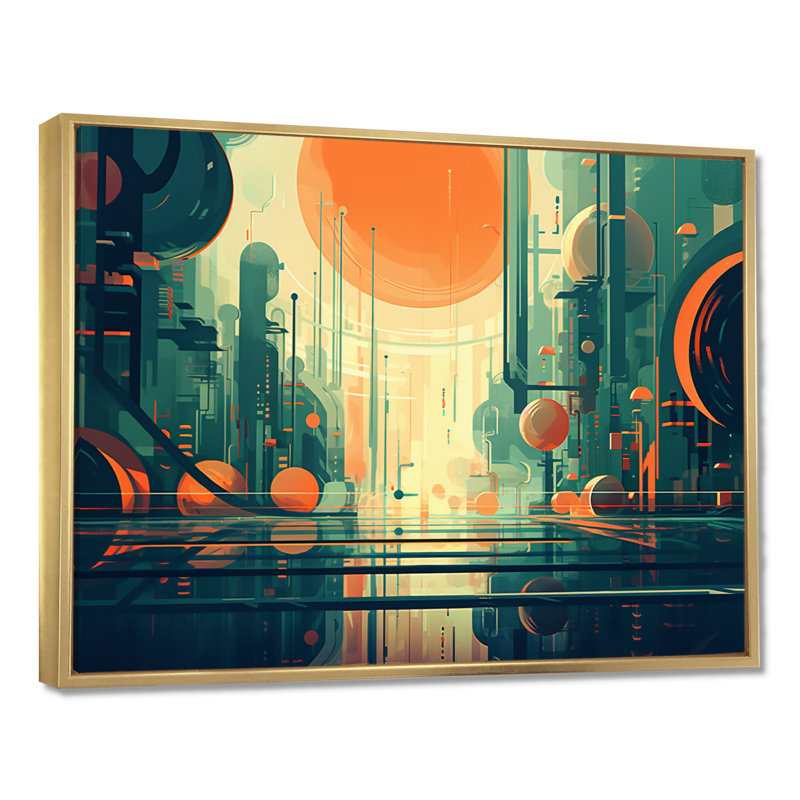 Impression d'art mural rétro moderne pleine lune III - Mid-Century, Toile avec cadre flottant or, H 24 po x l 32 po x P 1 po