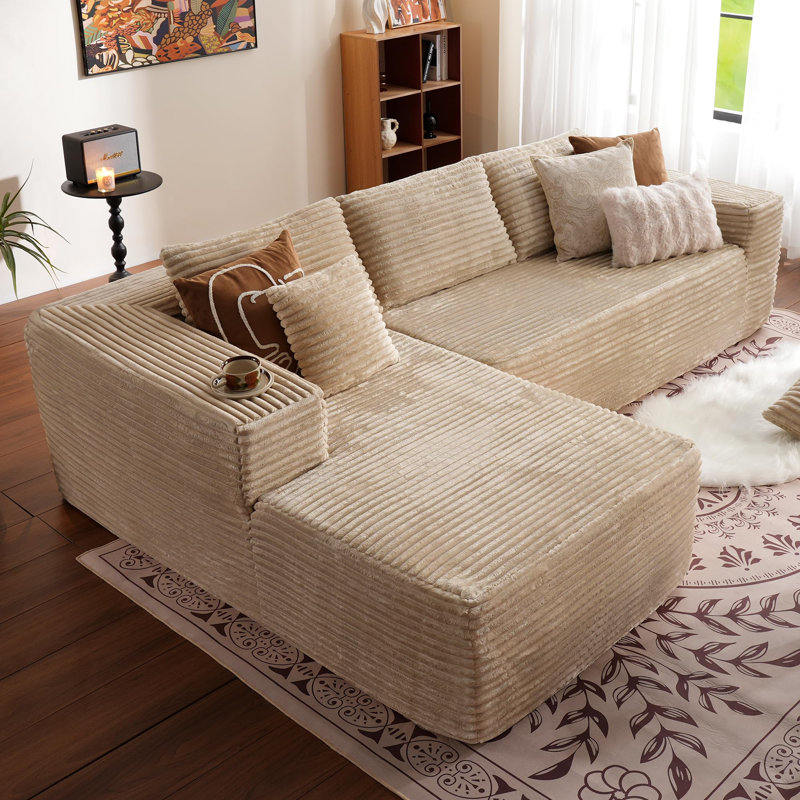 Canapé modulaire 104 po avec méridienne en L 104 po Cloud, Velours côtelé beige