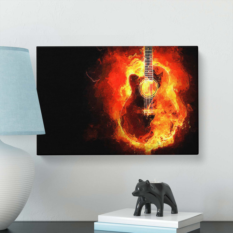 Acoustic Guitar in Flames - Wrapped Canvas, 50cm H x 76cm W x 3cm D