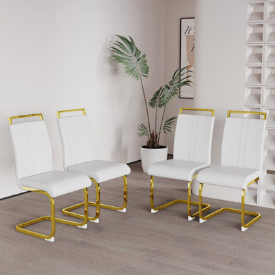 Modern Dining Chairs,PU Faux Leather High Back Upholstered Side Chair with C-shaped Tube. Plating Golden Metal Legs for Dining Room Kitchen Vanity Patio Club Guest Office Chair (Set of 4) (White+PU)