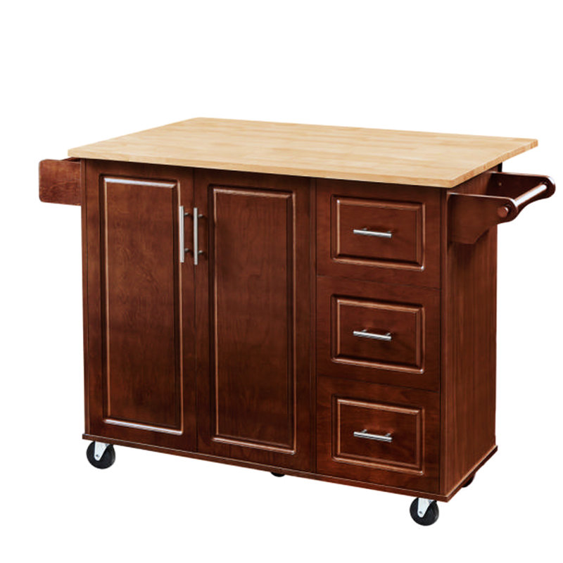 Rolling Kitchen Island With Ample Drawer Space And Foldable Countertop, Brown Open Spice Rack 2 Brake Wheels,, Brown