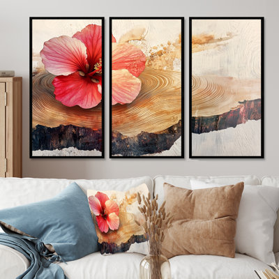 Fleurs d'hibiscus sur bois - art mural hibiscus - ensemble de 3