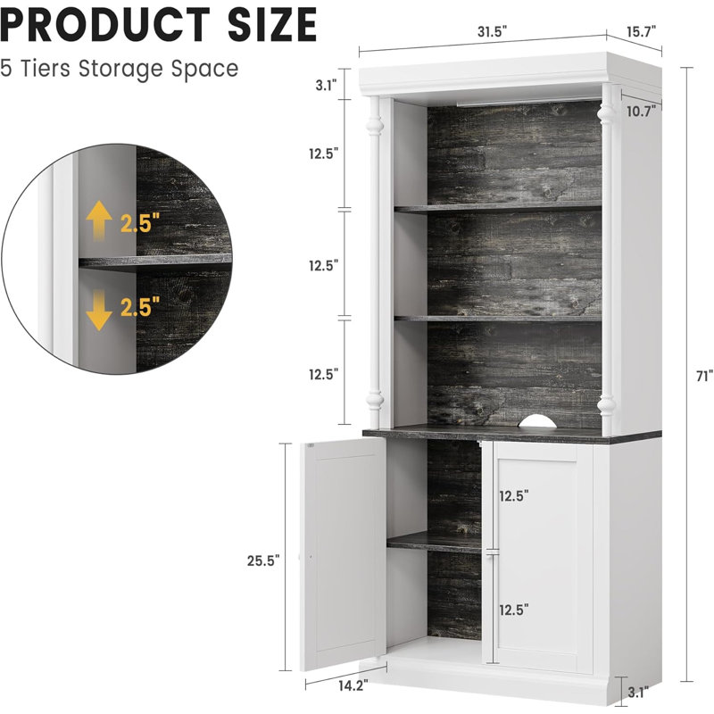 5 Tier Adjustable Bookcase with LED Lights, Roman Column Bookshelf, Open Shelves & Dual-Door Storage Cabinet