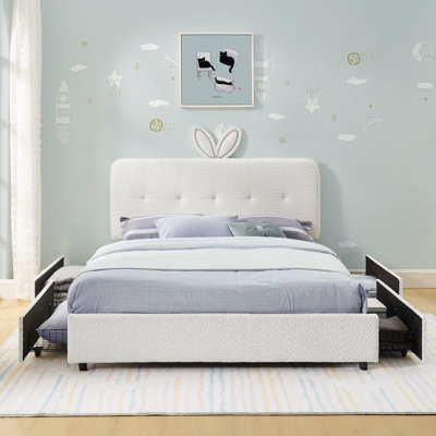 Full Size Kids Upholstered Bed with Oversized Rabbit Ear Headboard and Music Sync, LED Light & 4 Storage Drawers, Boucle Fabric (79.5''X55.75''X41'')