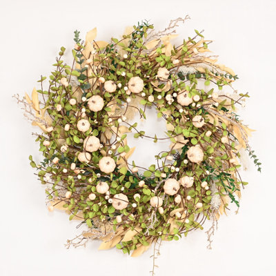 24" Artificial Farmhouse Thanksgiving Day Harvest Blossom Cluster Mini Eucalyptus Berry Fall Wreath For Front Door