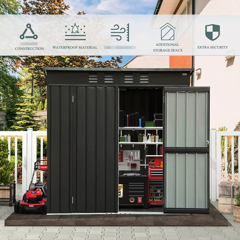 Remise de jardin en métal noir avec portes et serrure - ventilation imperméable de 6 pi x 4 pi