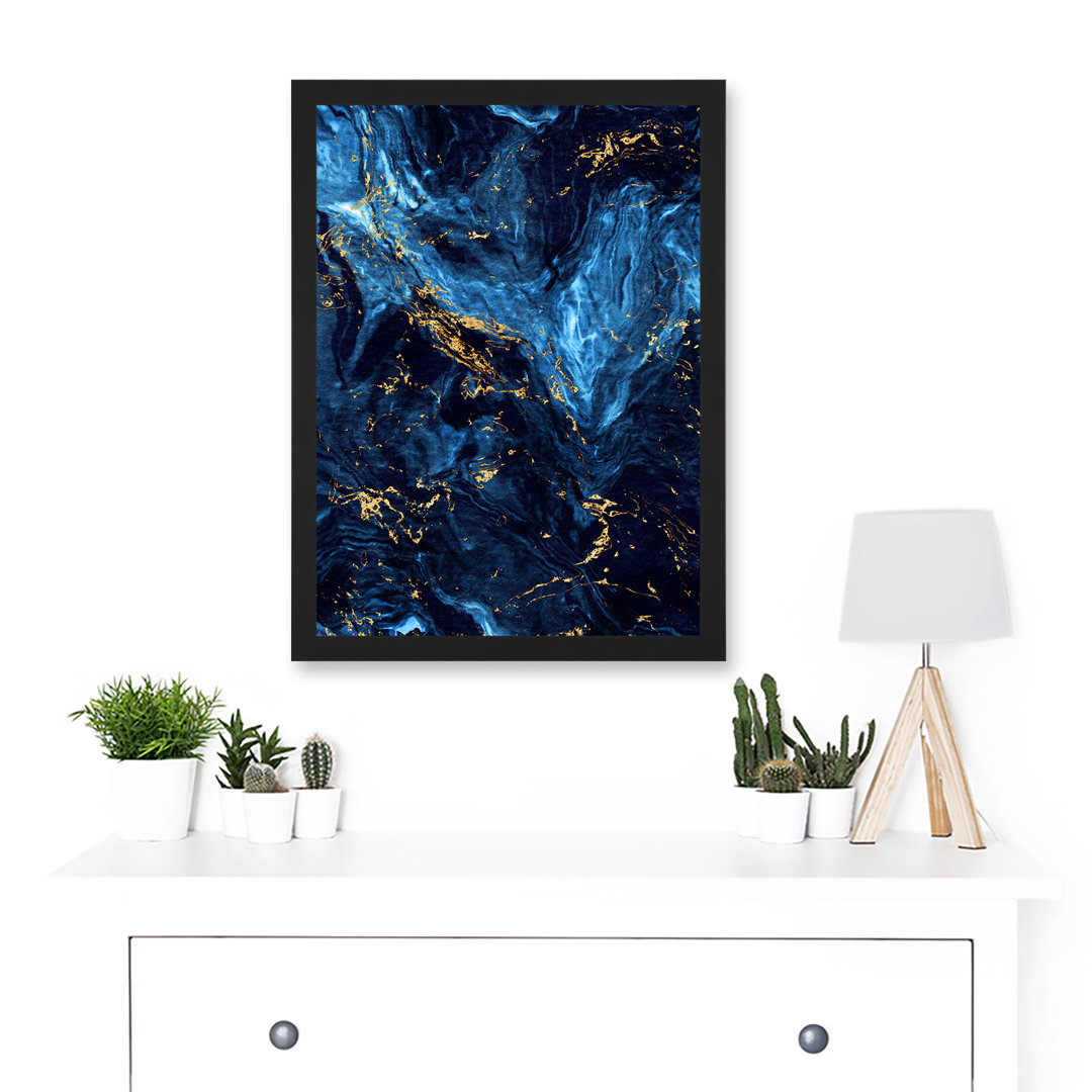 Abstract Dark Blue Gold Swirl Watercolour Modern Artwork Framed A3 Wall Art Print