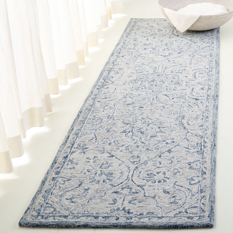 Laine touffetée à la main Juniper Tapis oriental en coton gris / bleu, Tapis de couloir 2 pi 3 po x 8 pi