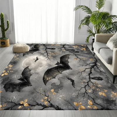Tapis gothique à motif de lune chauve-souris, chauves-souris effrayantes d'Halloween foncé, design artistique, tapis antidérapant, décoration intérieure pour salon, chambre à coucher, entrée, porte d'entrée, cuisine, balcon, appartement