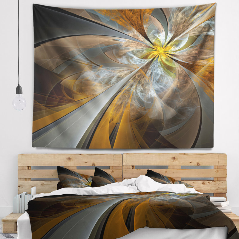Tapisserie abstraite symétrique de fleur de fractale jaune, H 32 po x l 39 po
