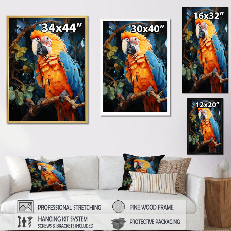 Paradis perroquet jaune et bleu, Cadre flottant noir, H 32 po x l 16 po x P 1 po