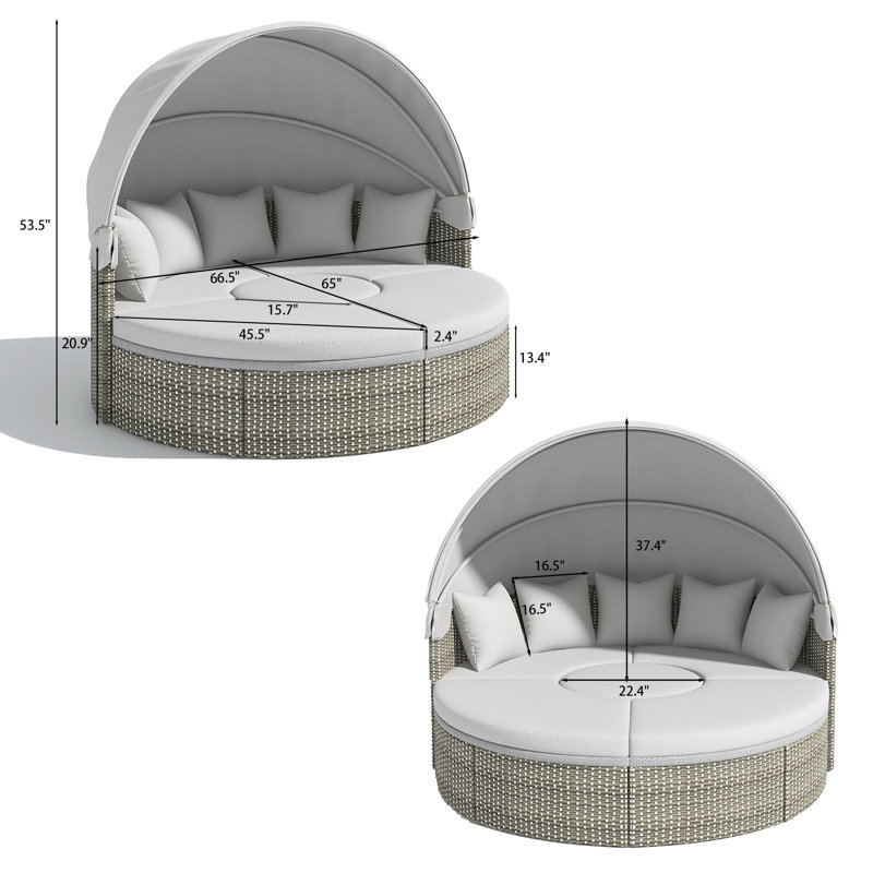 Patio Round Rattan Daybed Two-Tone Weave Sunbed With Retractable Canopy And Cushions, Grey
