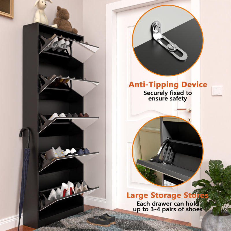 Modern Shoe Storage Cabinet with Mirror for Narrow Corridor and Entryway, Black