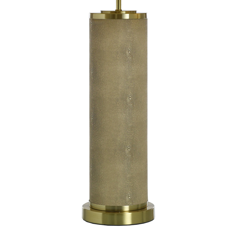 Tan Shagreen Pattern Table Lamp with Brass Accents and Off-White Shade