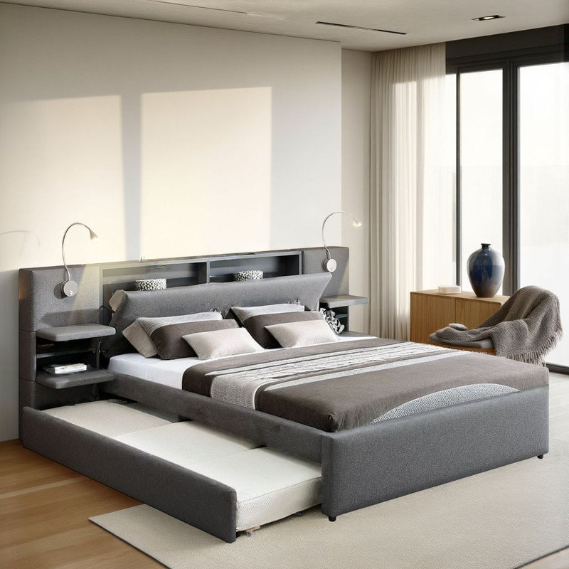 Grand lit avec lampes de lecture intégrées, tête de lit escamotable et lit gigogne, Gris