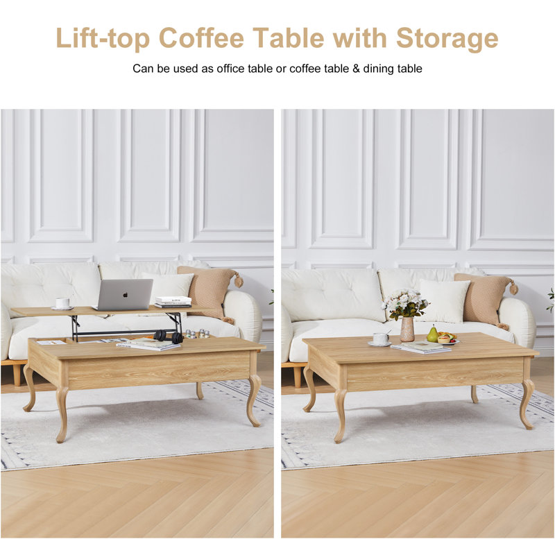 Table basse à plateau relevable avec rangement, Naturel