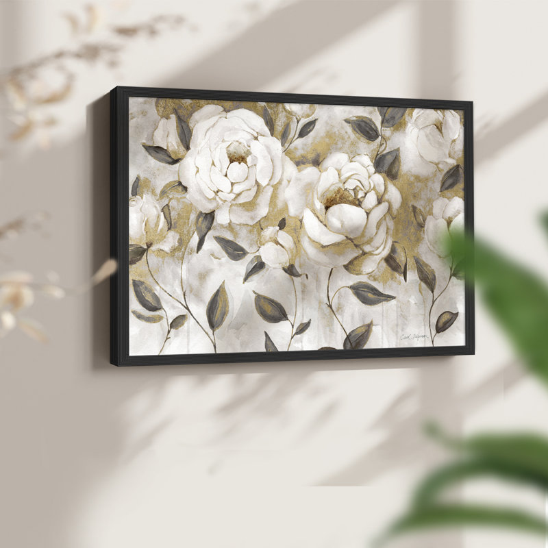 Golden White Roses - reproduction encadrée - réaménageable, H 22 po x l 28 po, Noir, noir, noir, noir