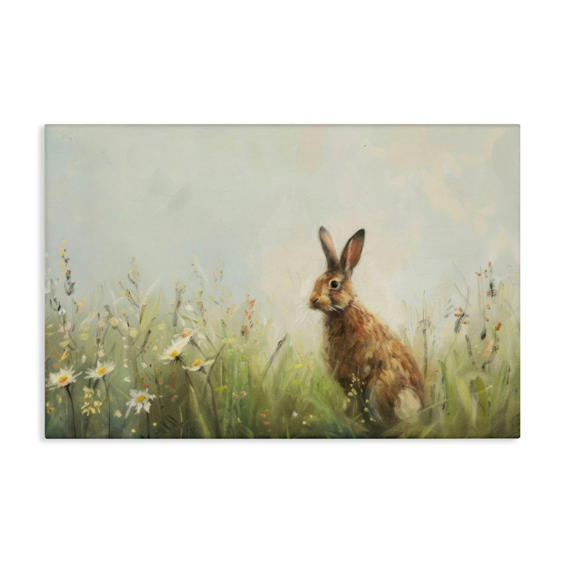 Lapin brun avec toile marguerites, design par LSR Design Studio, H 16 po x l 24 po