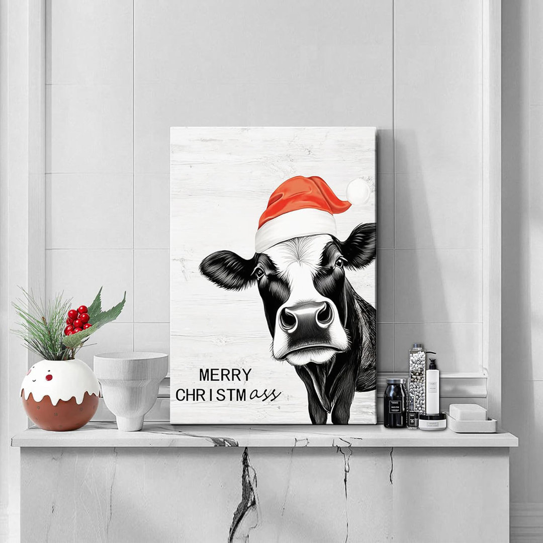Funny Xmas Wall Art Prints Cow Wear Santa Hat Wish Merry Christmass For Bathroom Christmas Winter Room Decor Vintage Posters Decor Christmas Humourous