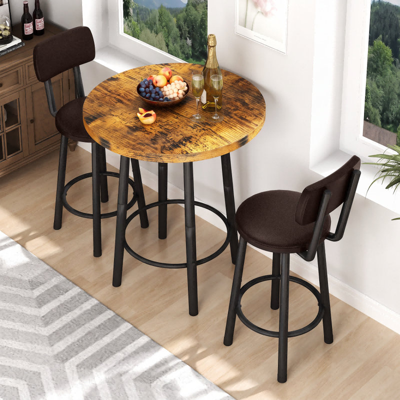 Ensemble de table de bar et tabourets 3 pièces, table ronde de style pub/bistro avec 2 tabourets de bar avec dossier, mobilier de salle à manger haut de style vintage pour cuisine, appartement, bar à domicile