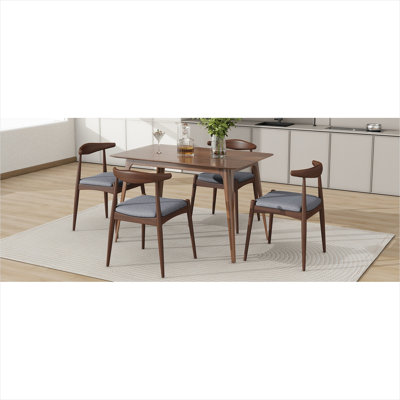 Ensemble de salle à manger 5 pièces en bois avec 4 chaises en tissu aux tons gris, structure en bois d'hévéa noyer et plateau en faux bois - style Mid-Century pour la cuisine ou la salle à manger