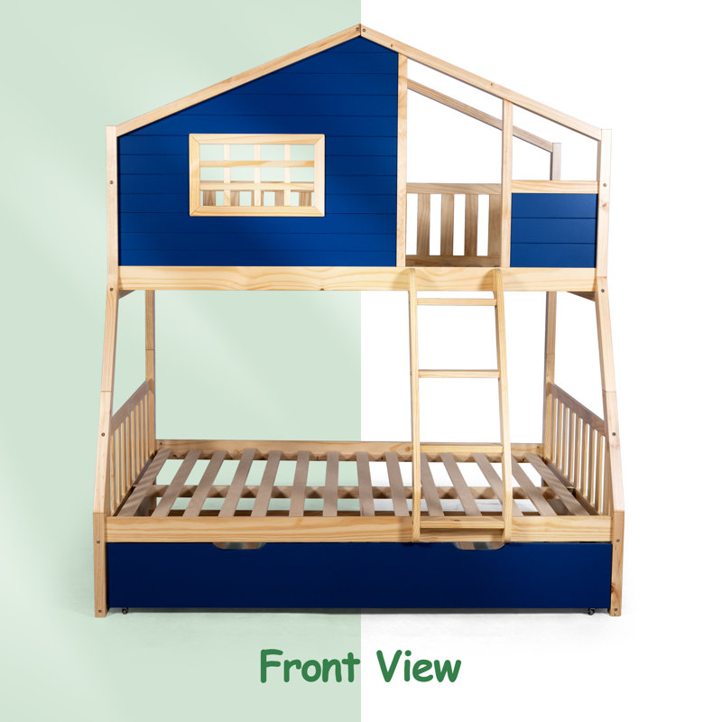 Lit superposé simple au-dessus d'un lit double en bois avec lit gigogne Treehouse, Bleu