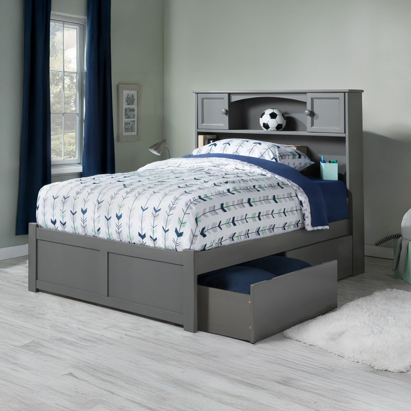  Casandra Solid Wood Platform Bed with Panel Footboard and Storage Drawer, Full, Grey