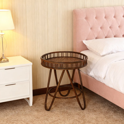 Hand-Woven Rattan Side Table With Wicker Tray Top And Hairpin Legs, Boho End Table With Open Shelf For Living Room And Bedroom