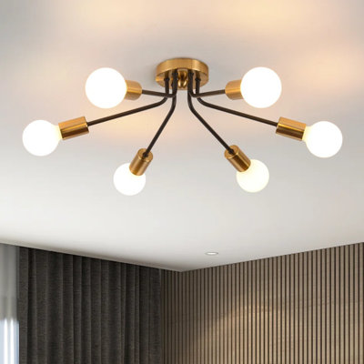 Plafonnier semi-encastré 6 lumières, lustre moderne doré Bujer, plafonnier de ferme industriel en métal pour le salon, la salle à manger et la chambre à coucher (ampoule non incluse)