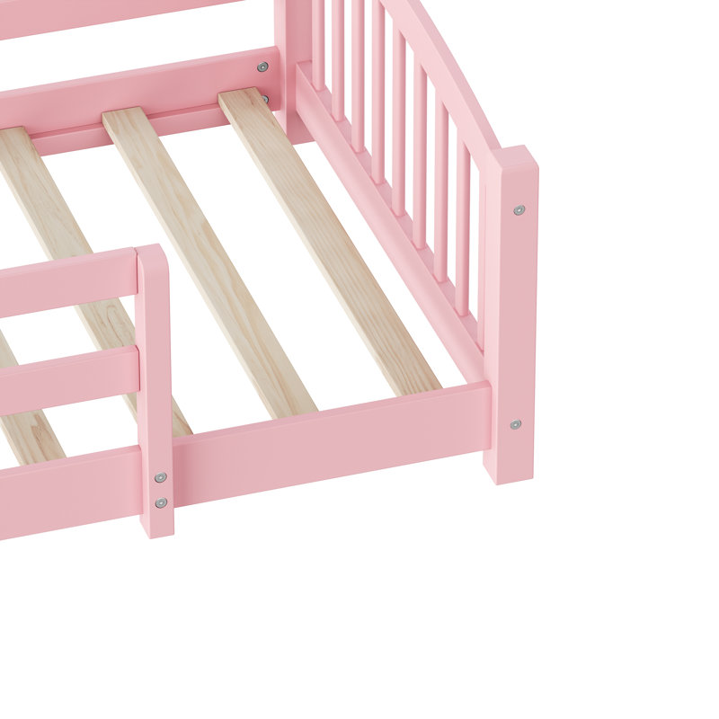 Montessori Low Profile Bed With Safety Rails And Headboard, Twin, Pink