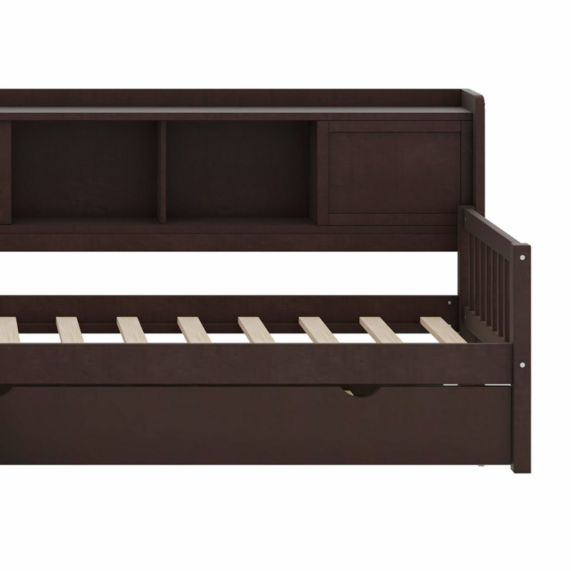 Lit plateforme en L avec lit gigogne, tiroirs de rangement et tablettes, Espresso