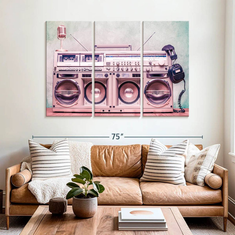 "Retro Boombox", ensemble de 3 reproductions sur toile par Pink Sherbet, H 42 po x l 65 po x P 1,25 po