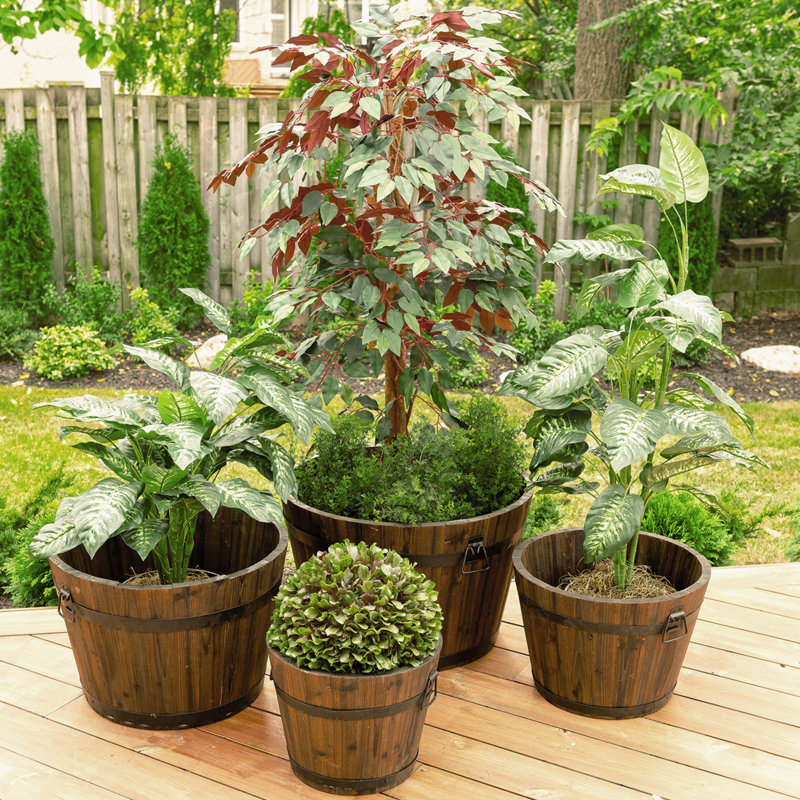 Rustic Brown Cypress Wood Barrel Planter Set of 4