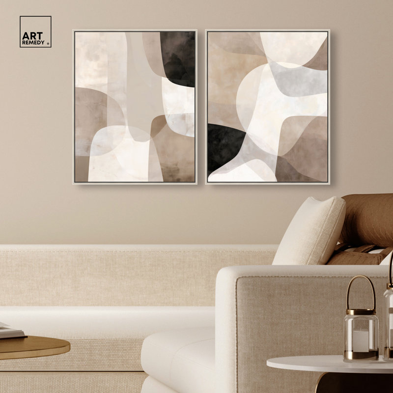 «Earthy Overlays Duet», reproduction d'art encadrée, ensemble d'art abstrait bohème par Art Remedy, cadre argenté, 20 x 24